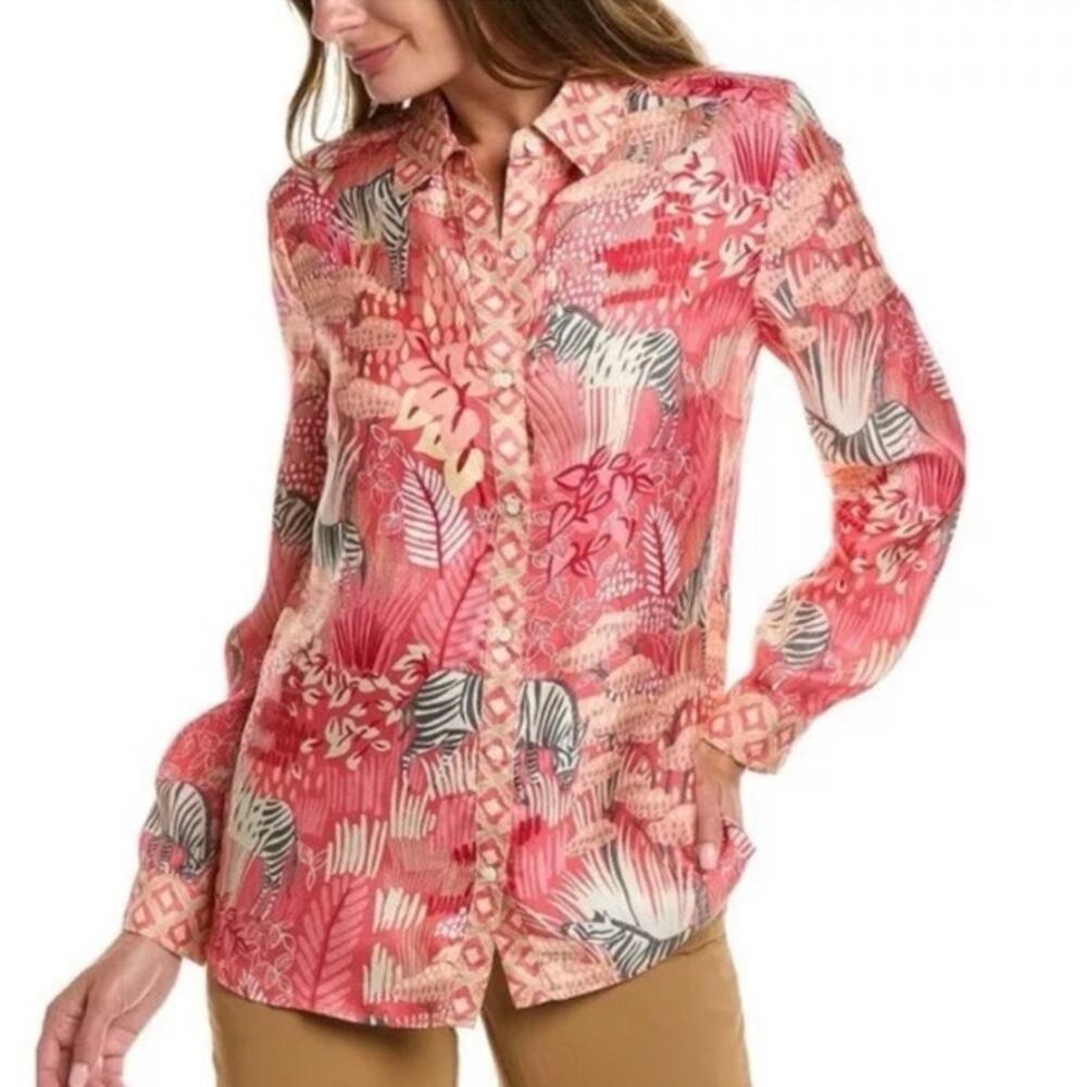 J McLaughlin Darcey Silk Viscose Button Up Shirt Animal Print Sz XS Zebra